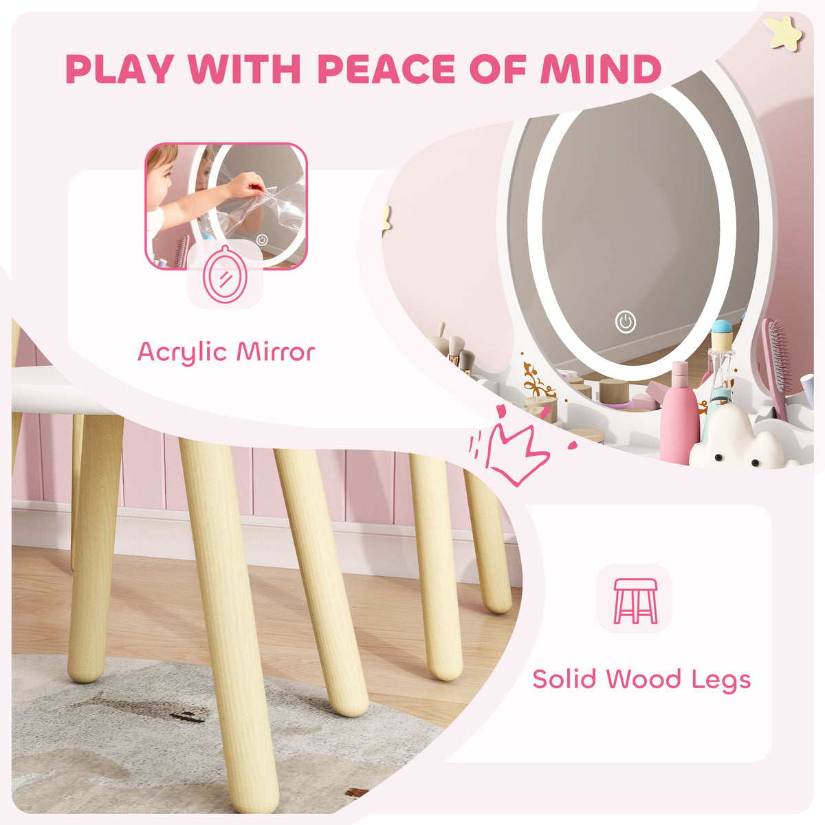 Kids Vanity Set with LED Mirror and Stool