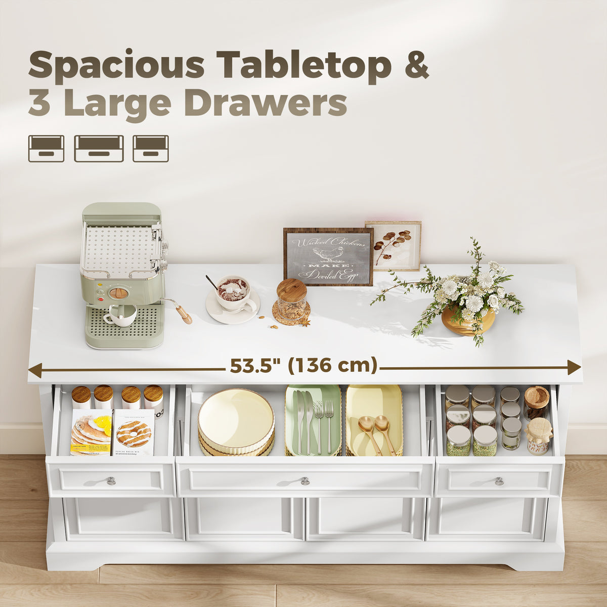 Sideboard Buffet Cabinet Soft-Close Doors 3 Drawers 54in