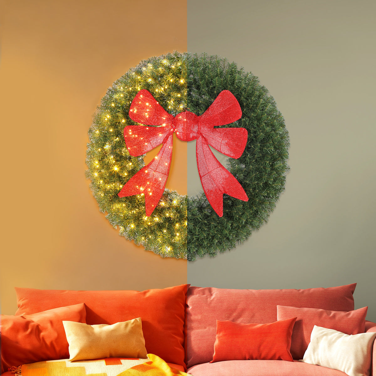 Pre-Lit Christmas Wreath 3D Bow 91 cm