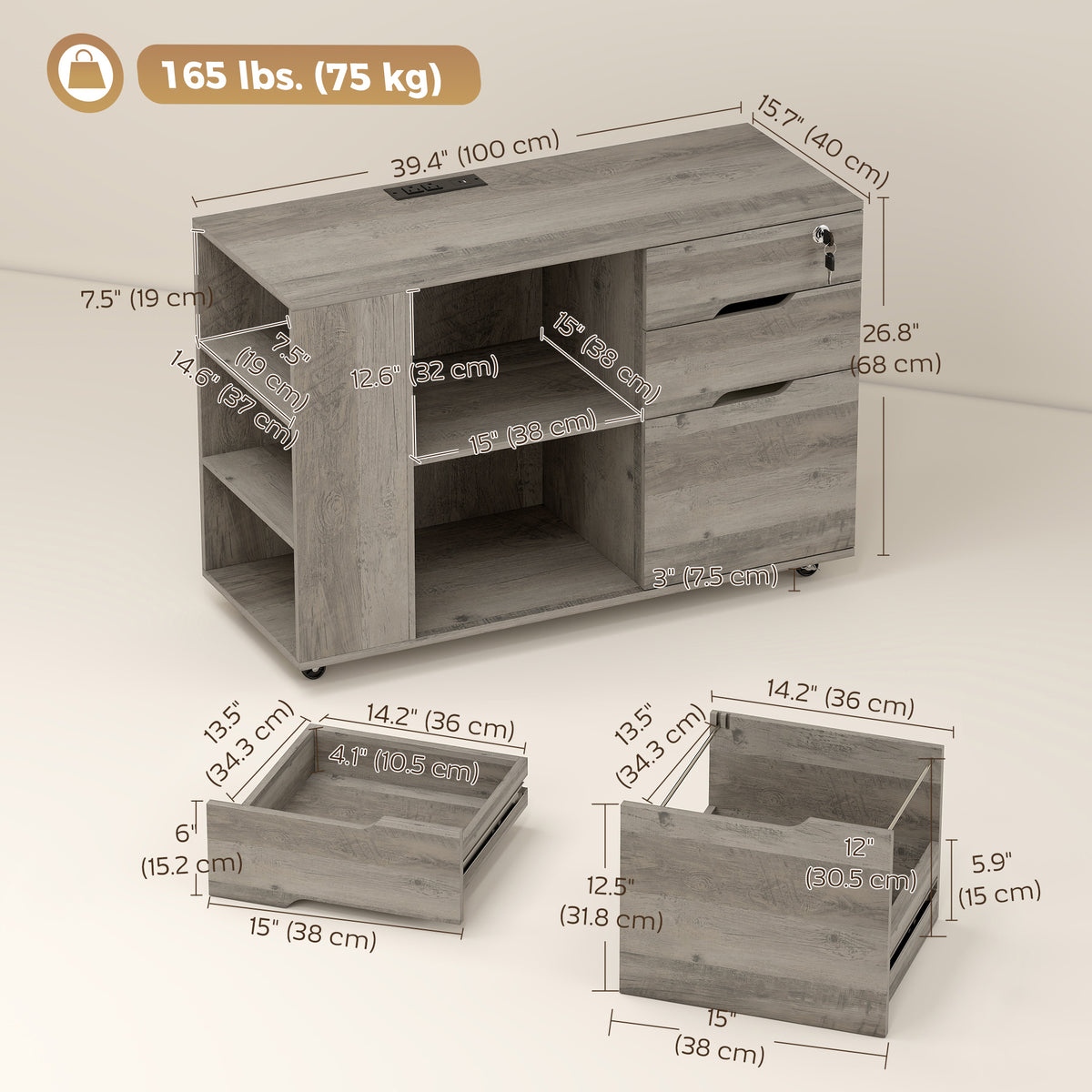 Mobile File Cabinet with Power Outlets and Lock