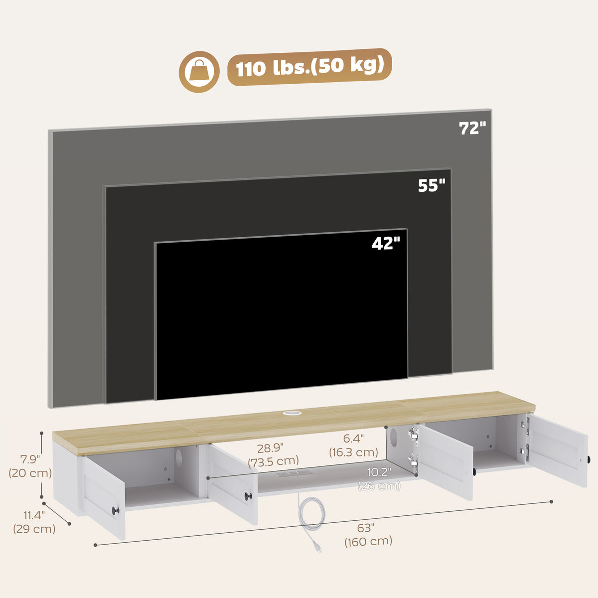 Modern Floating Wall Mounted TV Stand for 183 cm TVs