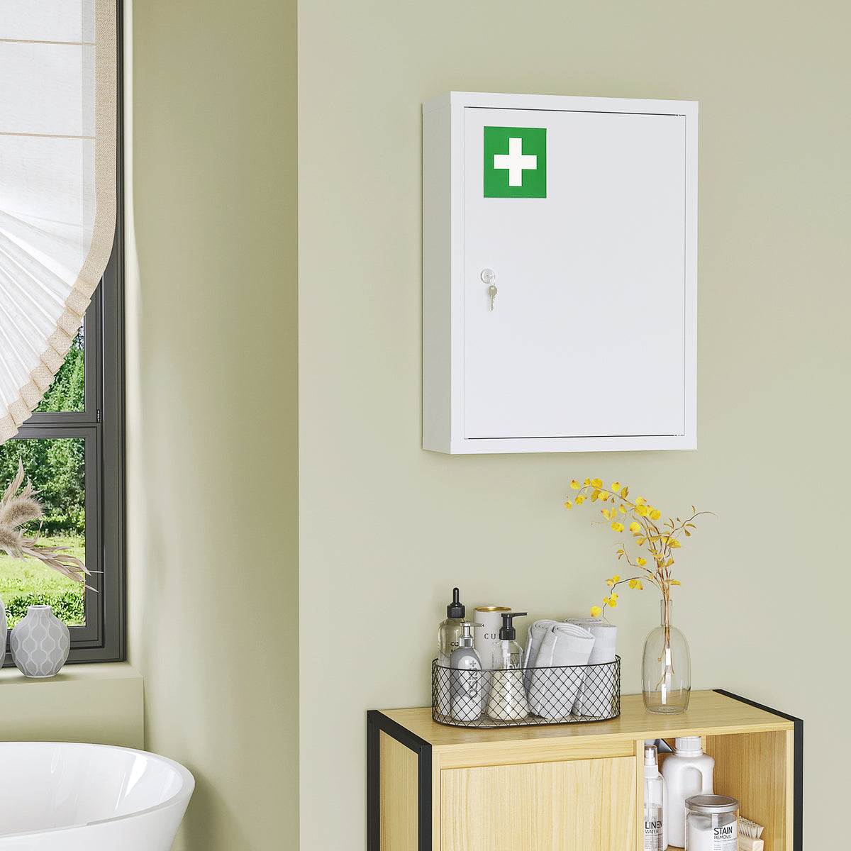 Lockable wall-mounted steel medicine cabinet
