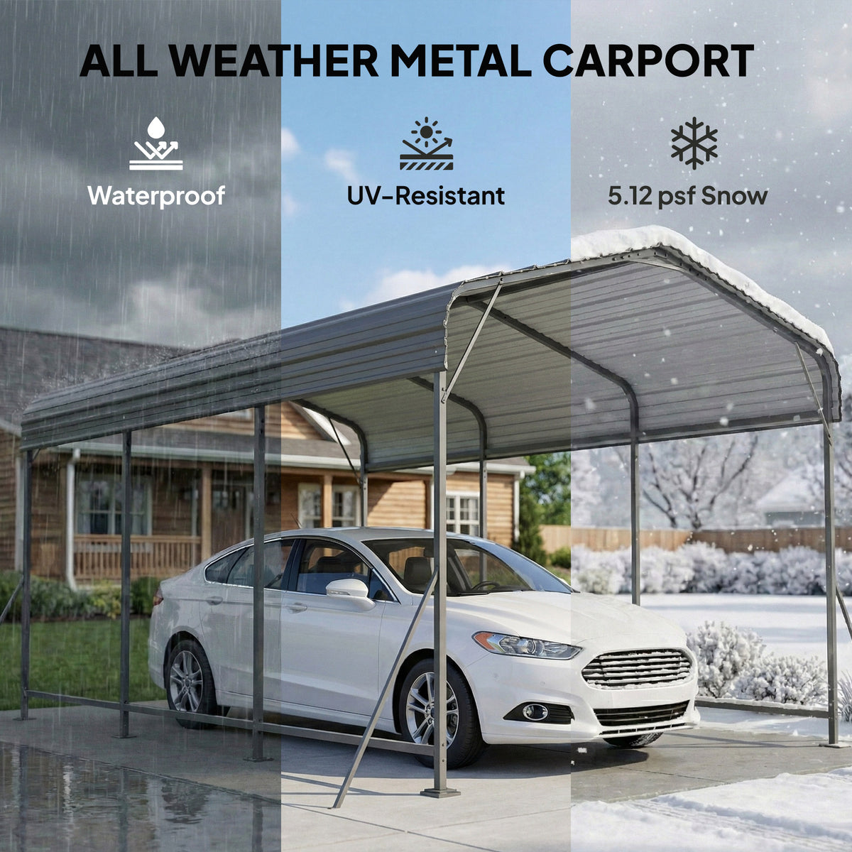 Heavy-Duty Metal Carport 10 x 15 ft or 11 x 15 ft, Gable Roof