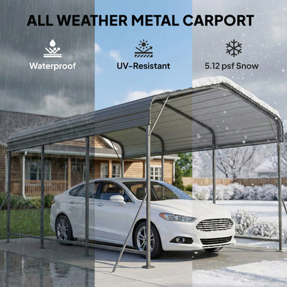 Heavy-Duty Metal Carport 10 x 15 ft or 11 x 15 ft, Gable Roof
