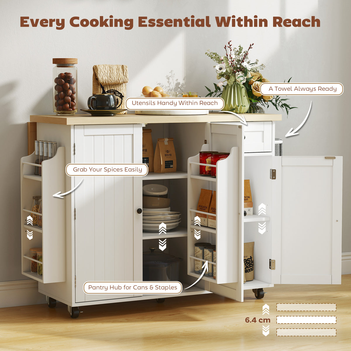 Isla de cocina rodante con encimera abatible