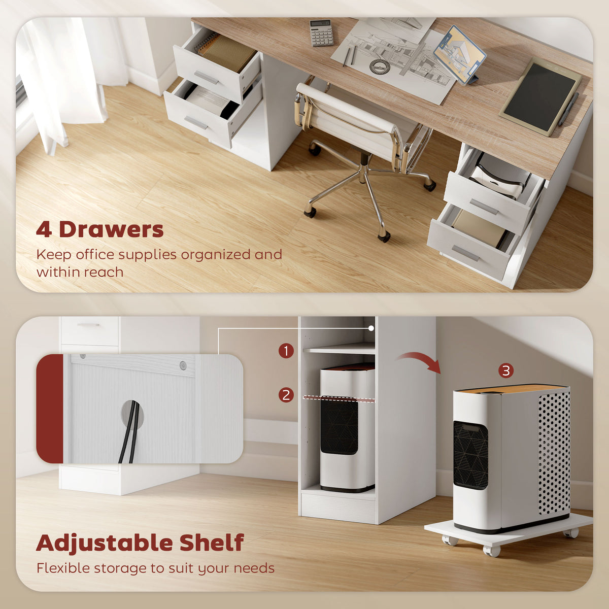 Computer Desk with 4 Drawers and Mobile CPU Stand