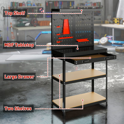 Heavy-duty steel workbench with pegboard and drawer