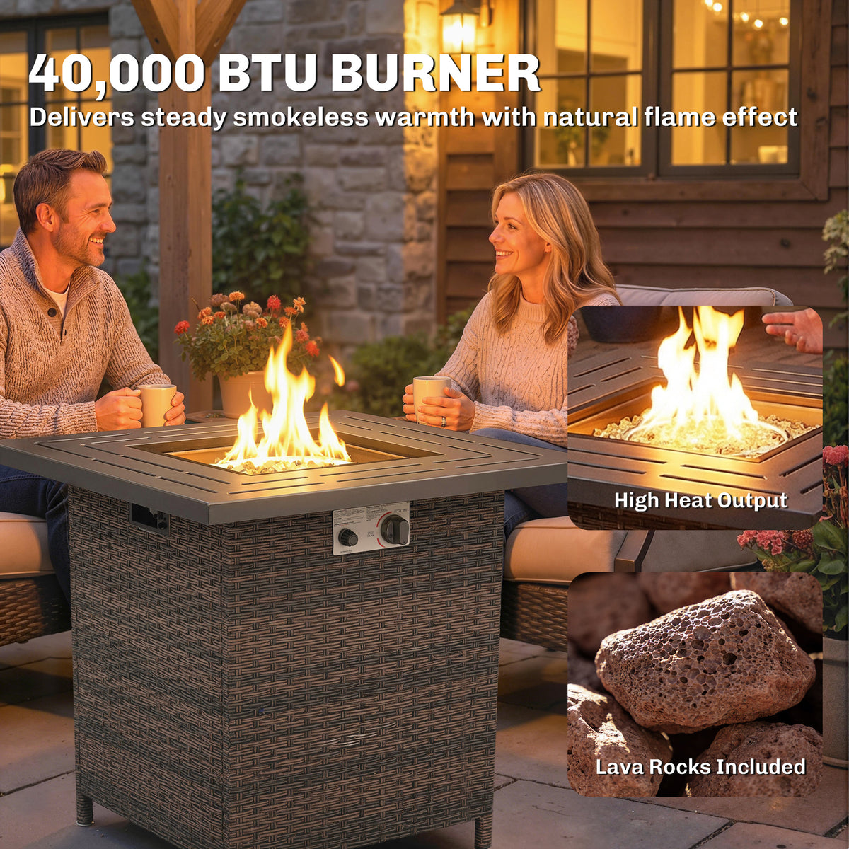 Mesa de fuego de propano cuadrada de 40 000 BTU en ratán