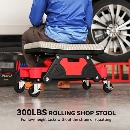 Rolling garage stool with wheels and tool trays