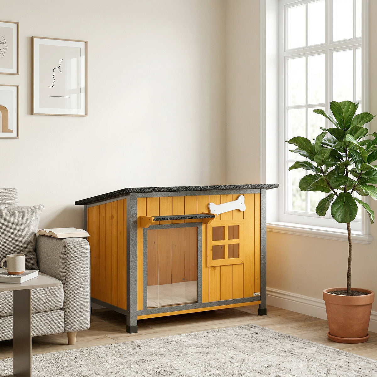 Caseta exterior para perros de madera y acero resistente
