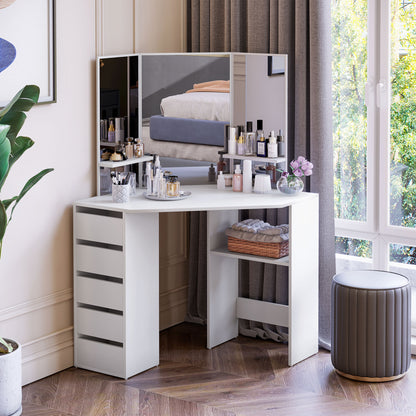 Corner makeup vanity table triple mirror with drawers