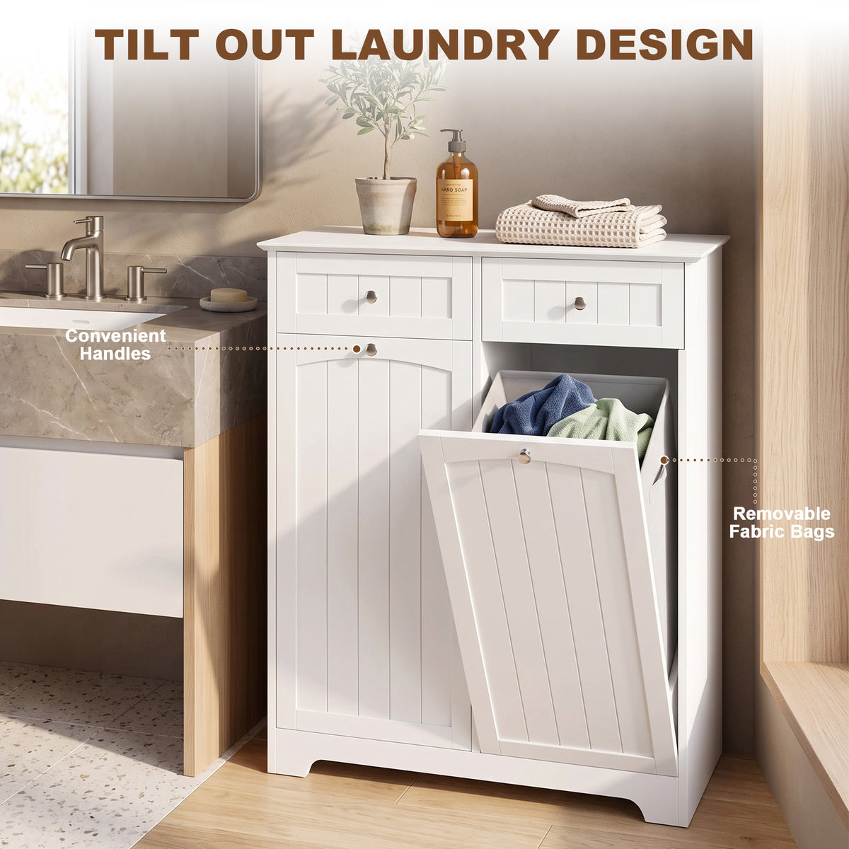 Laundry cabinet with tilt-out hamper and drawers