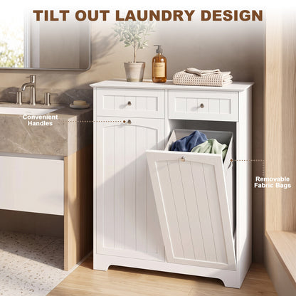 Laundry cabinet with tilt-out hamper and drawers