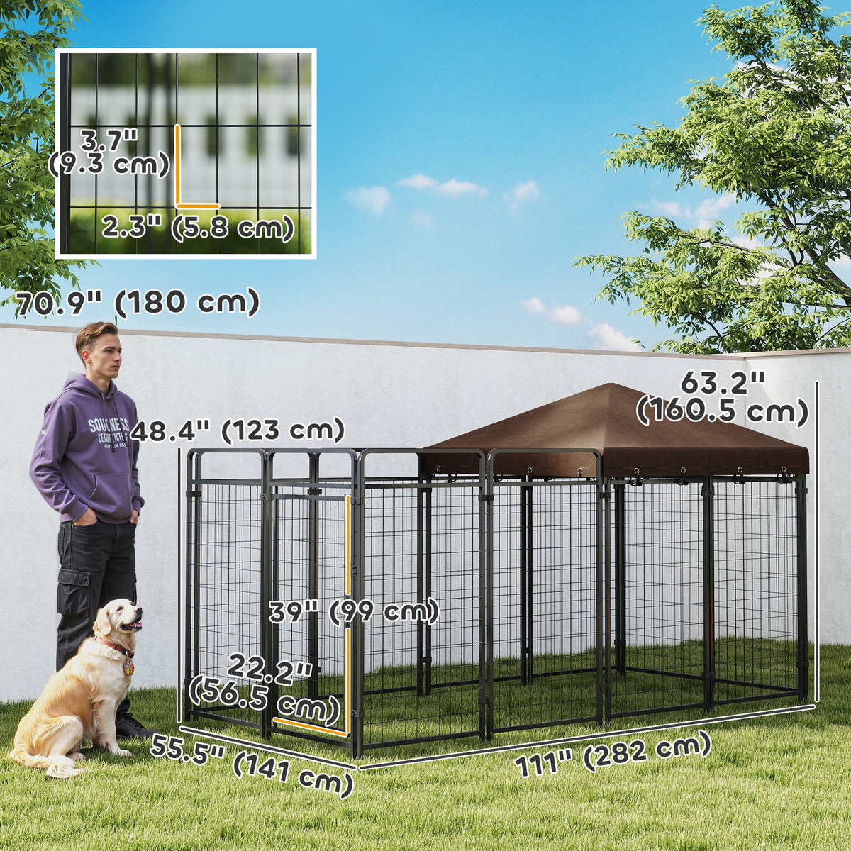 Outdoor dog kennel with waterproof canopy in steel