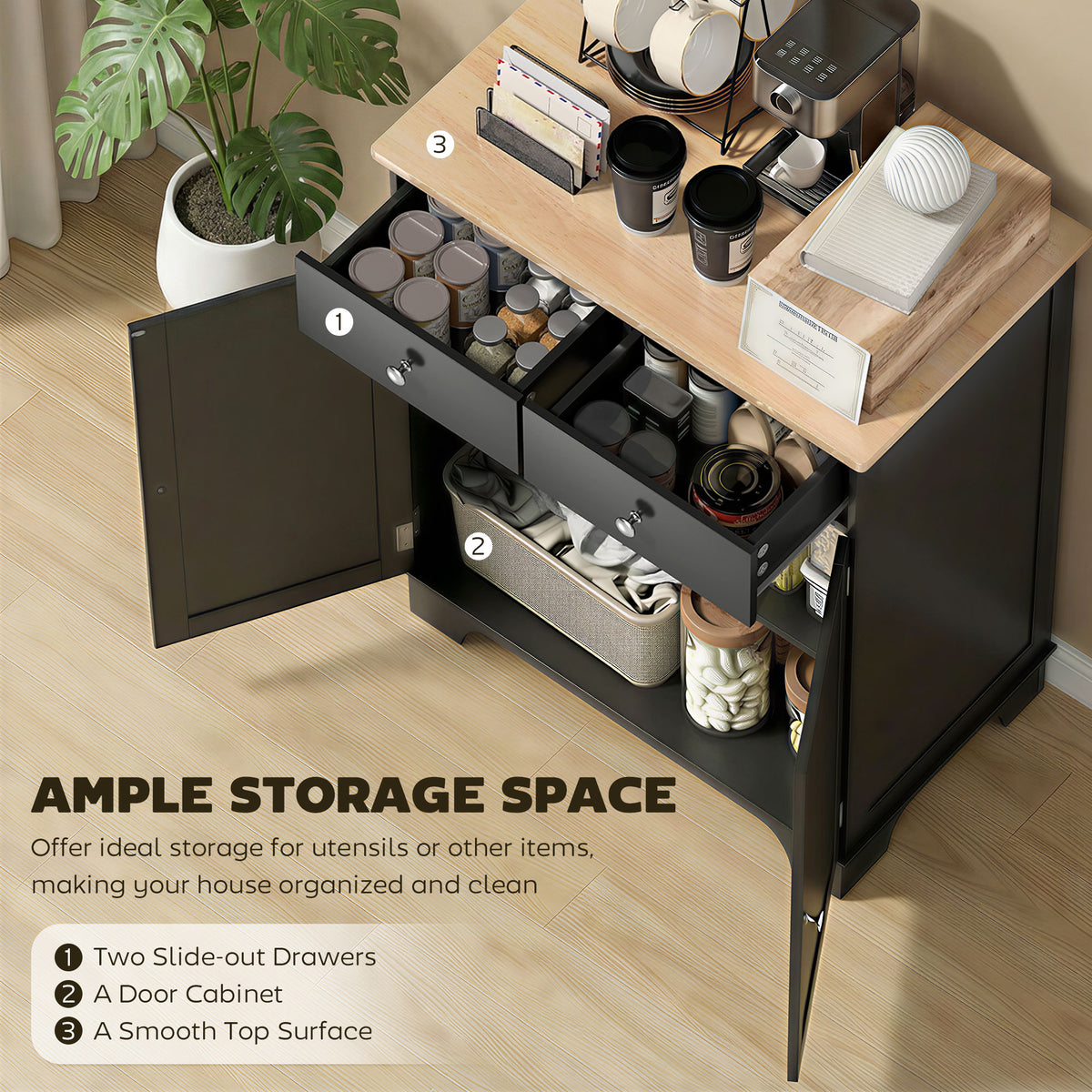 Kitchen Buffet Cabinet with Drawers and Adjustable Shelf