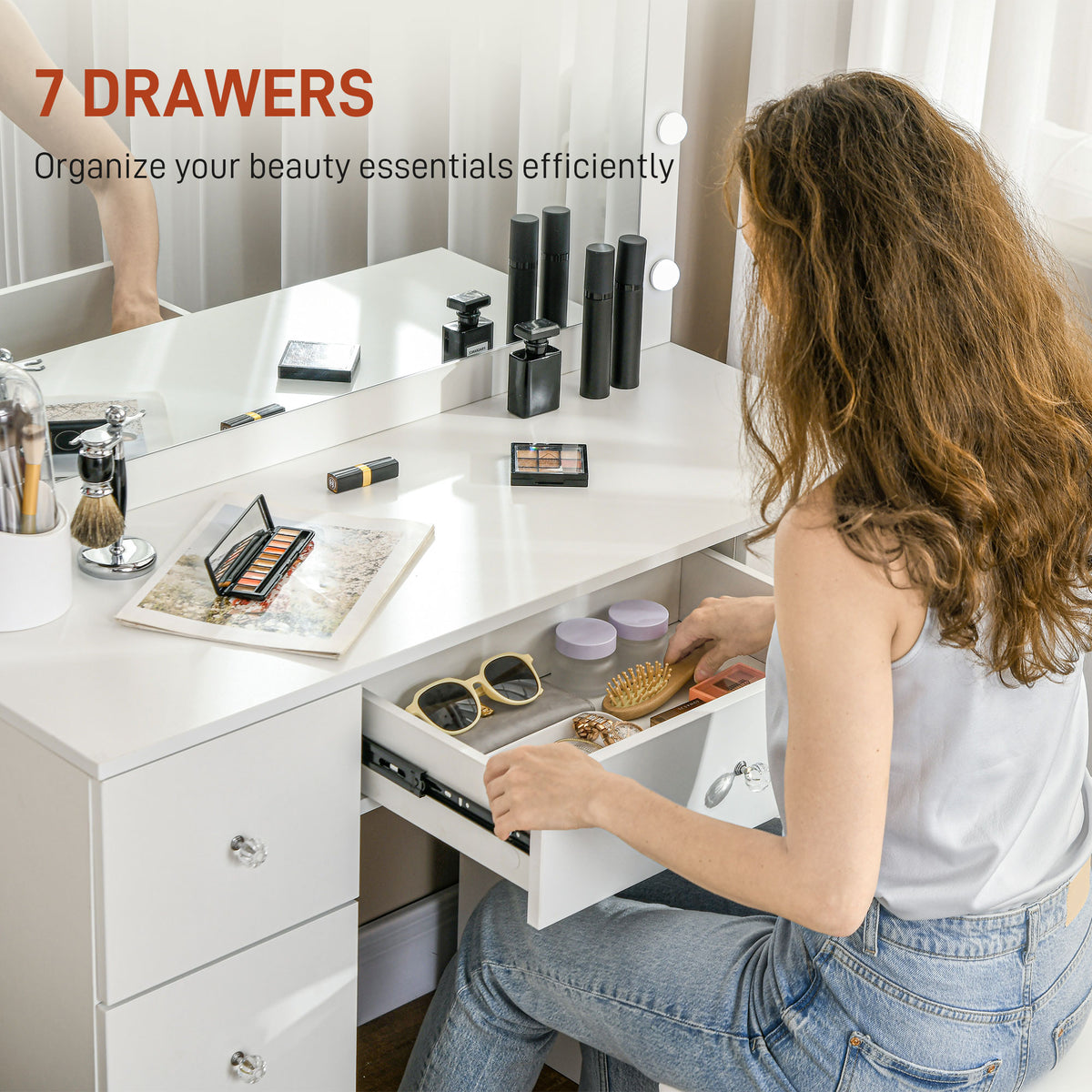 Tocador moderno con espejo iluminado y 7 cajones