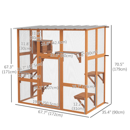 Multi-level outdoor cat enclosure with transparent roof