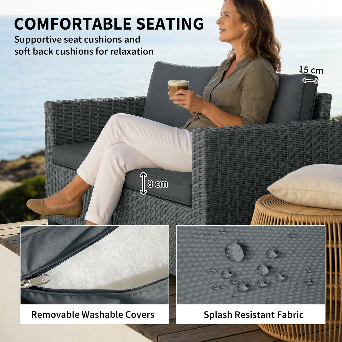 Outdoor Loveseat 2 Seater with Deep Cushions — Dark