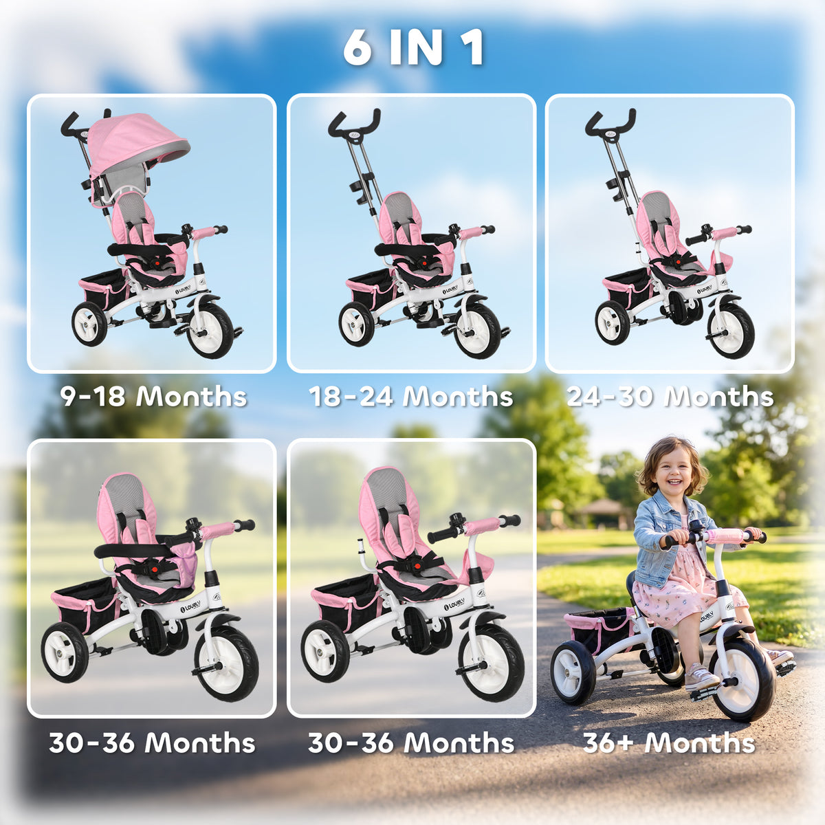 6-in-1 Toddler Tricycle with Basket and Safety Harness