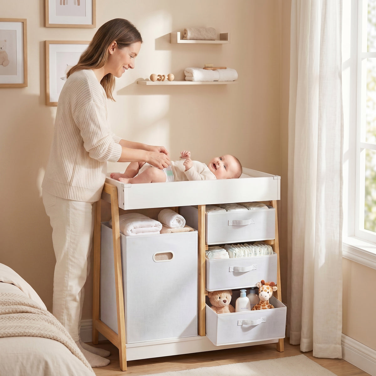 Mesa cambiadora con cajones y cesta de almacenamiento