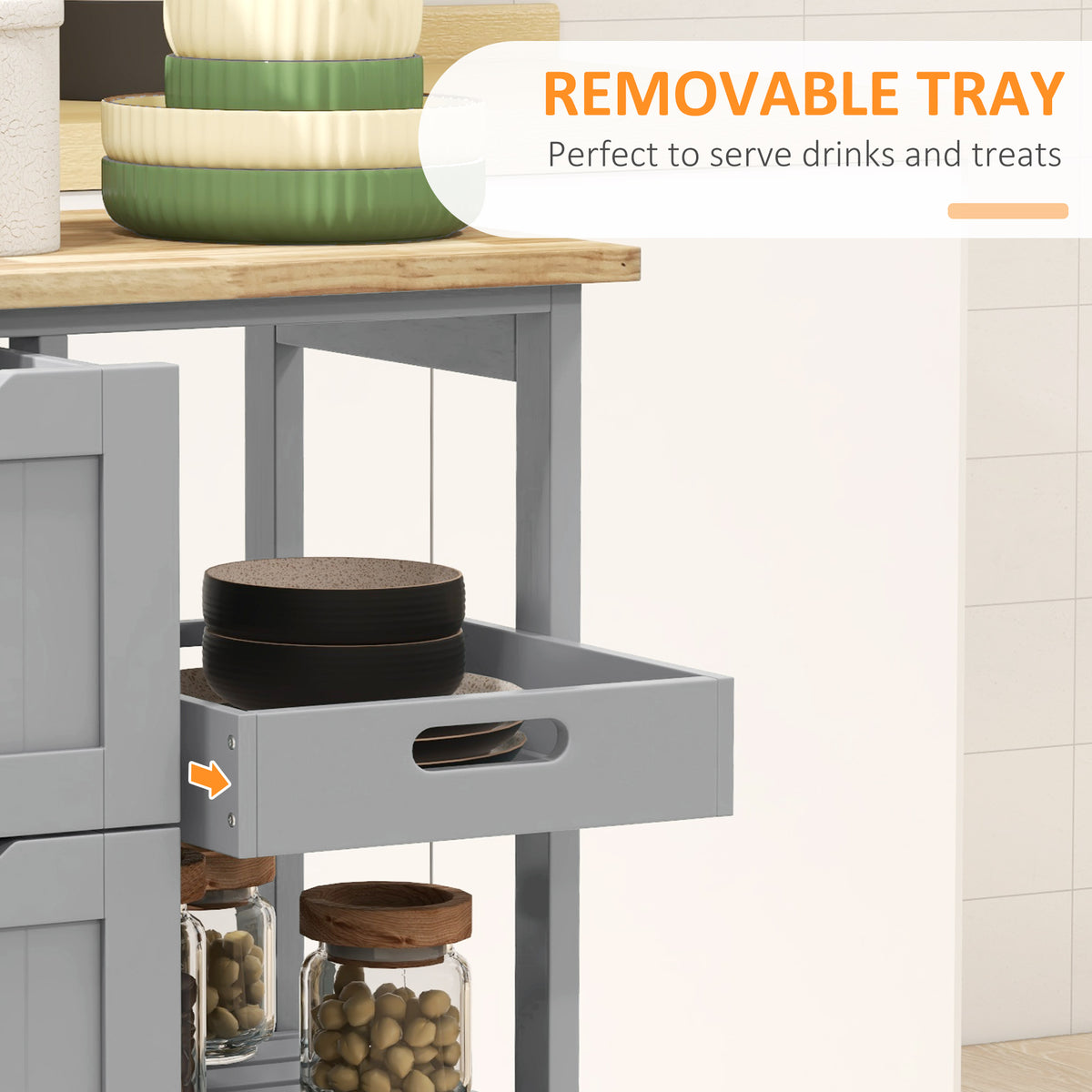 Rolling kitchen cart with wood top and drawers