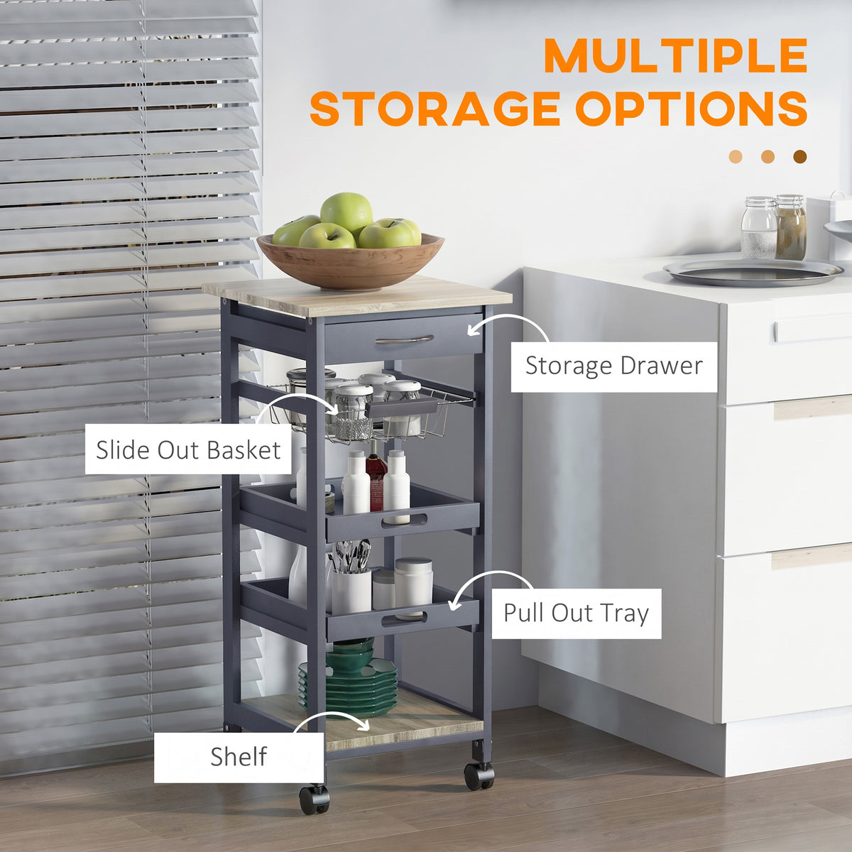 Rolling Kitchen Island Cart with Drawer and Baskets