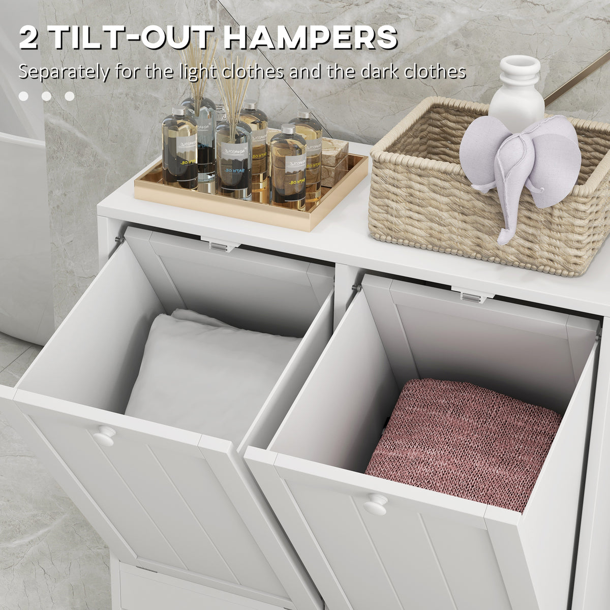 Modern tilt-out laundry hamper cabinet with two compartments