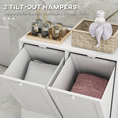 Modern tilt-out laundry hamper cabinet with two compartments