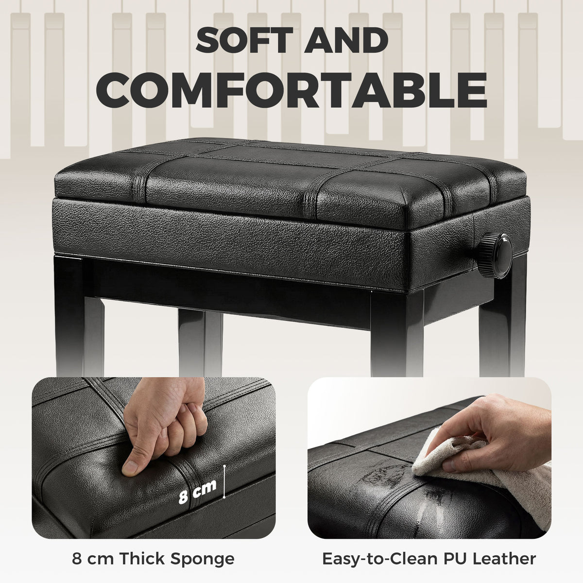 Faux leather adjustable piano bench with storage