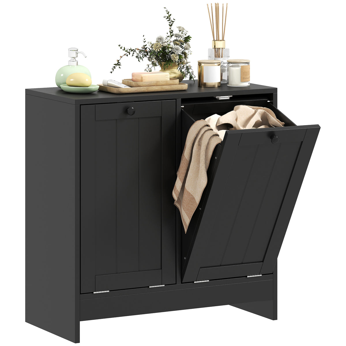 Modern tilt-out laundry hamper cabinet with two compartments