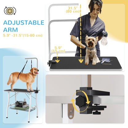 Mesa de peluquería para perros con brazos ajustables y plataforma de goma