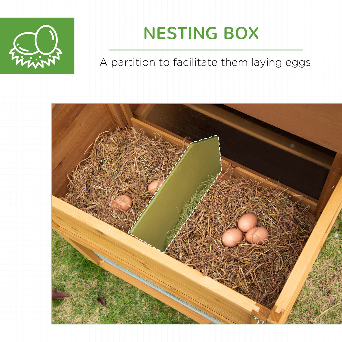 Wooden outdoor chicken coop with run and nesting box