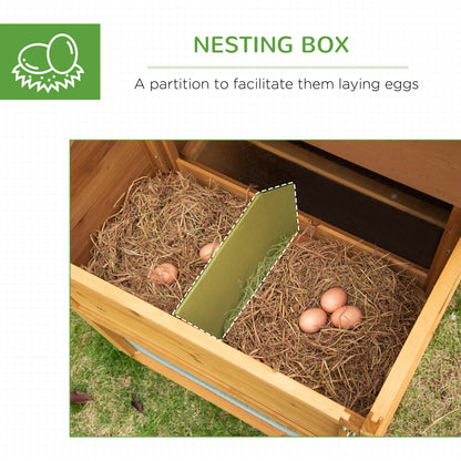 Wooden outdoor chicken coop with run and nesting box