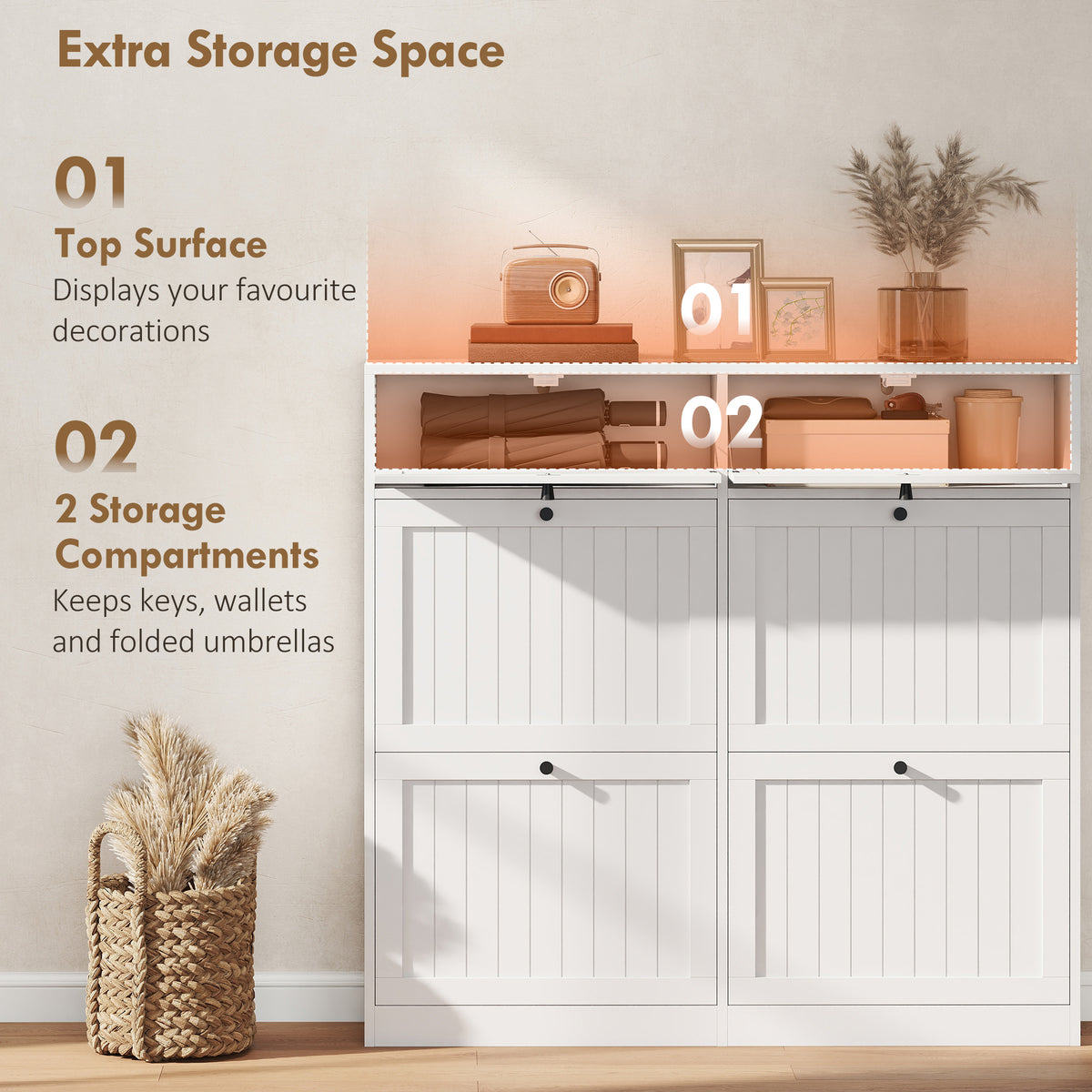 Narrow shoe cabinet with flip drawers farmhouse style