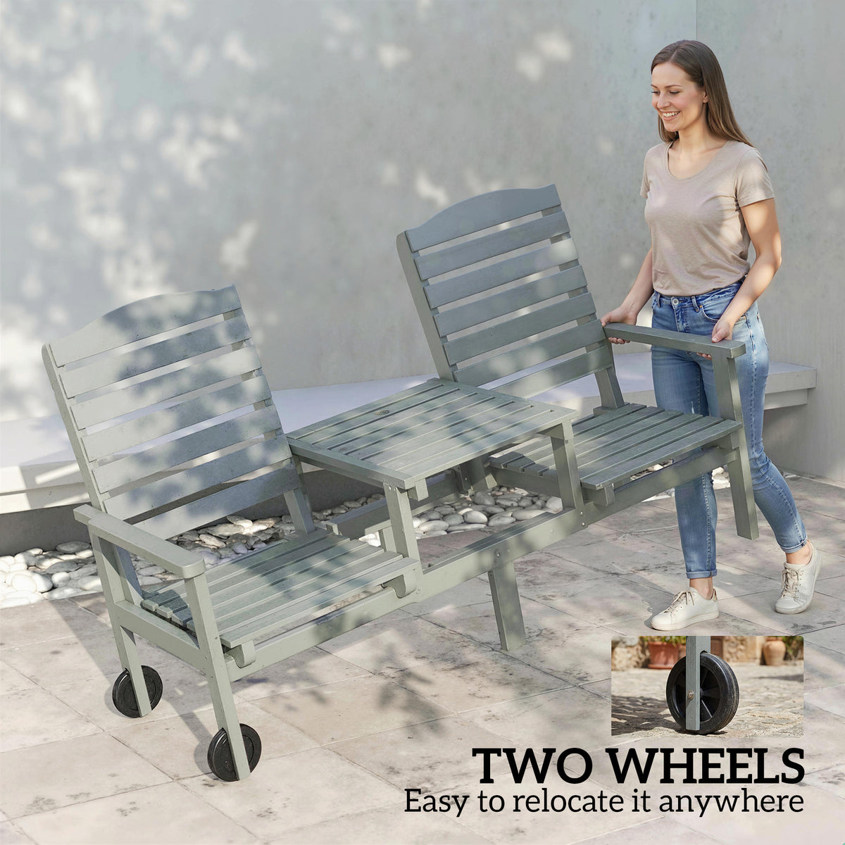 2-Seater Outdoor Bench Adjustable High Back with Wheels