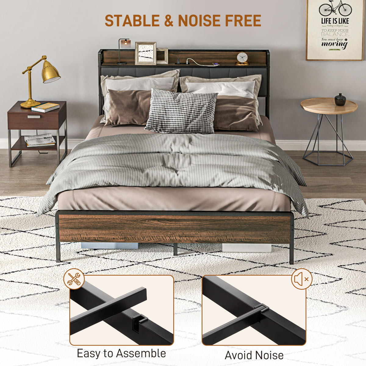 Estructura de cama queen con cabecero y estación de carga