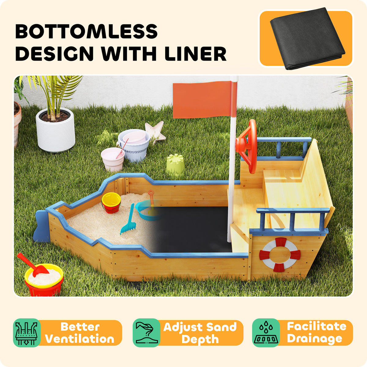 Kids wooden pirate ship sandboat sandbox