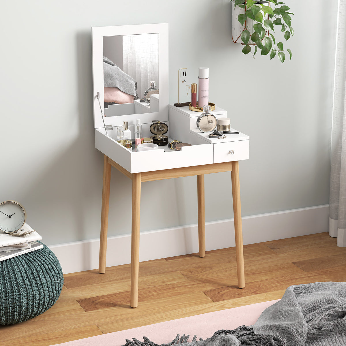 Vanity table with flip-up mirror and drawers