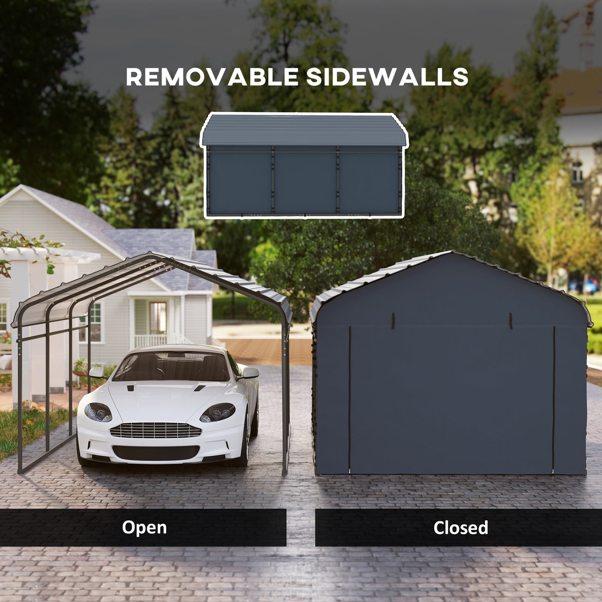 Heavy duty metal carport with removable sidewalls