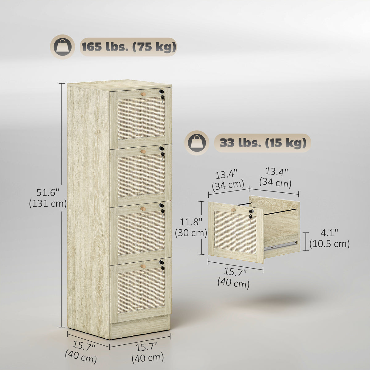 4-Drawer Locking Filing Cabinet Boho Rattan Style