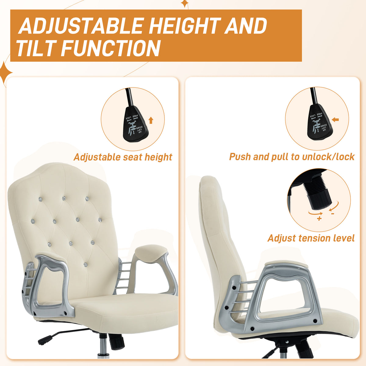 Office chair velvet tufted adjustable swivel task