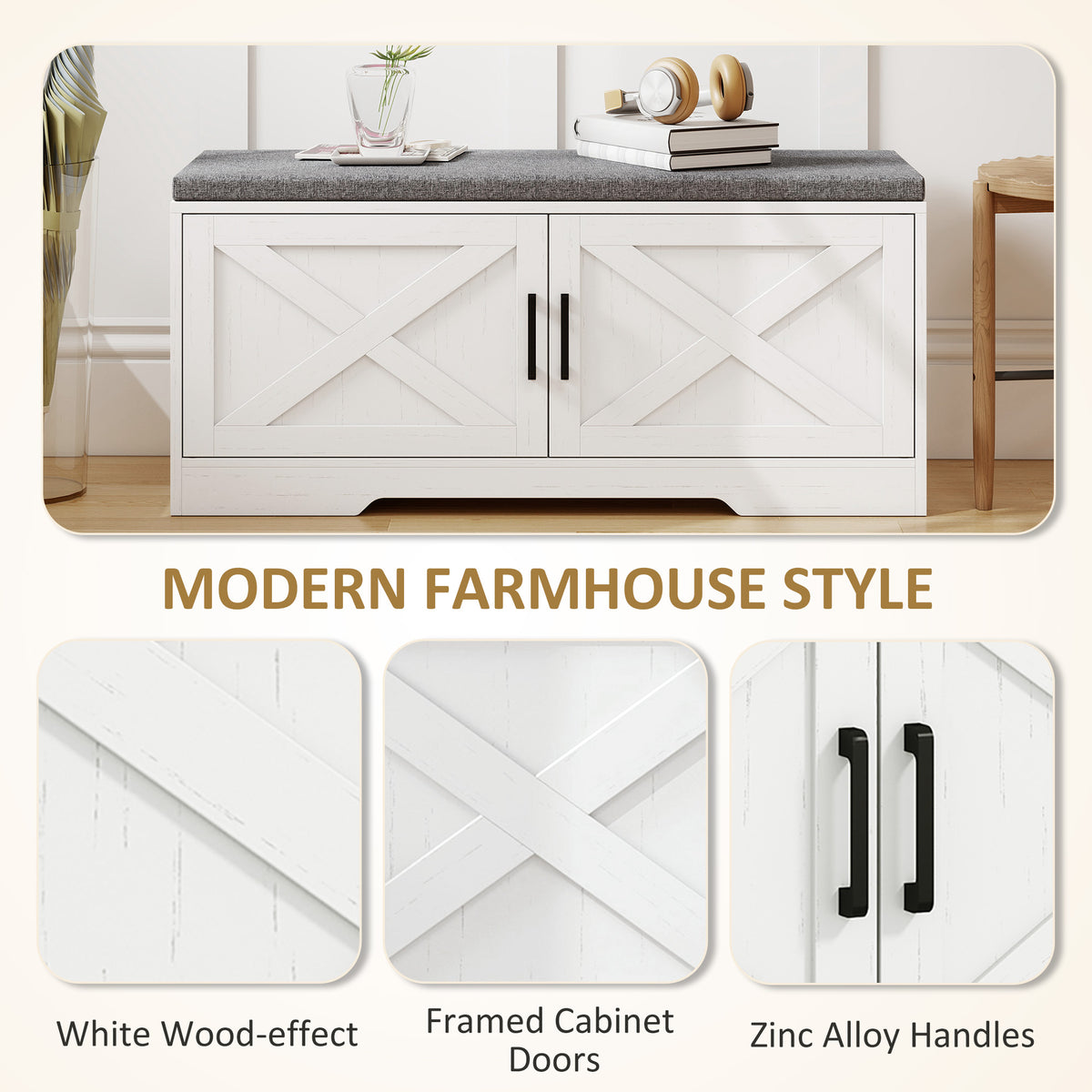 Shoe storage bench with cushion and doors