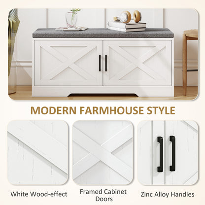 Shoe storage bench with cushion and doors