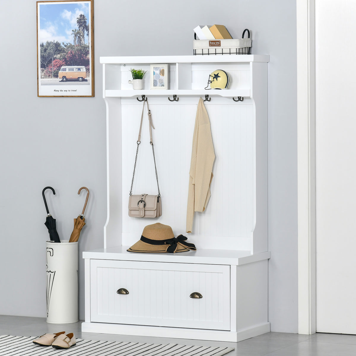 Mueble de entrada con banco de almacenamiento y percheros 164 cm