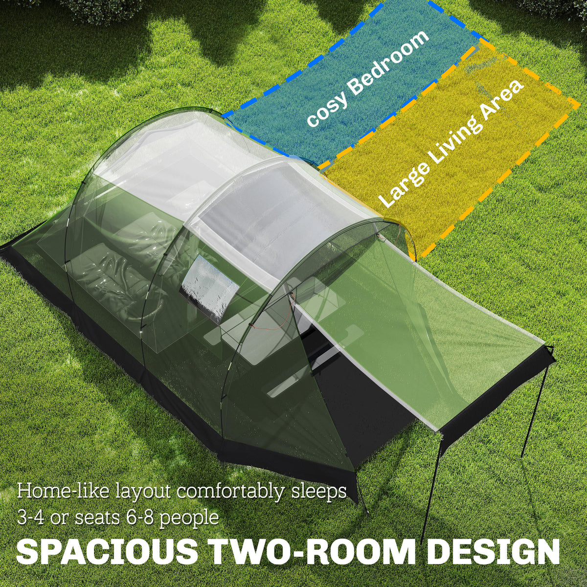 Two-Room Waterproof Tunnel Tent for 3-4 People