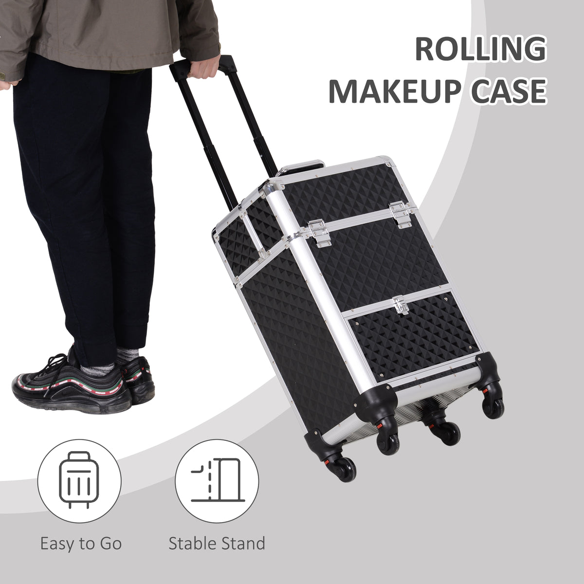 Professional rolling aluminum makeup train case trolley