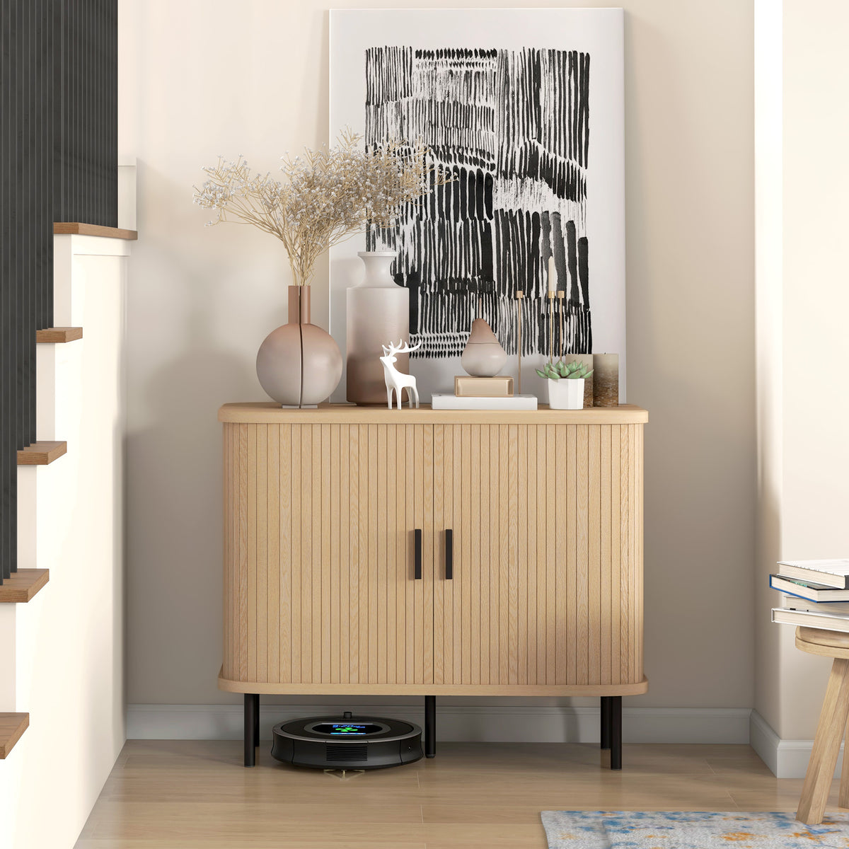 Nordic Sideboard Cabinet Slatted Tambour Doors Metal Legs