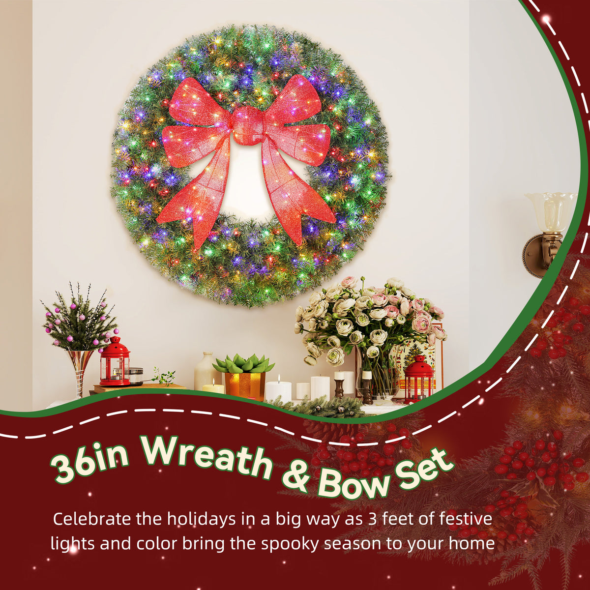 Pre-Lit Christmas Wreath 3D Bow 91 cm