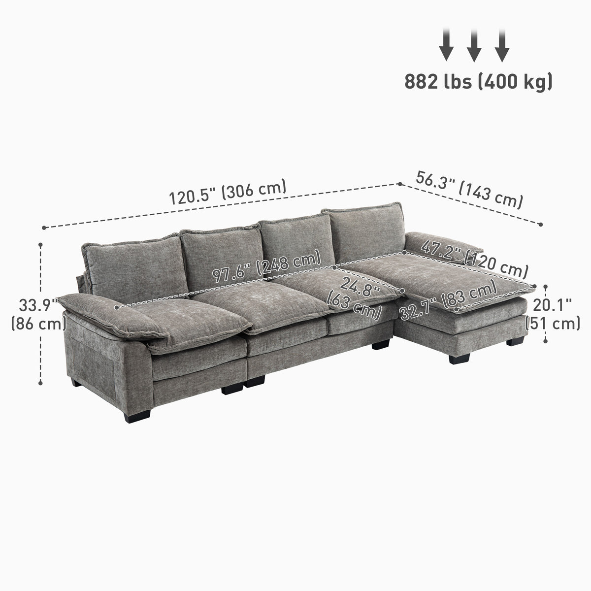 L-shaped Chenille Sofa 120.5 inches with Chaise Lounge