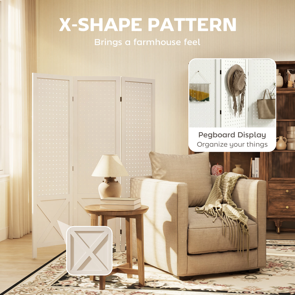 Room Divider Folding 3 Panel Pegboard Screen 56.9 inches